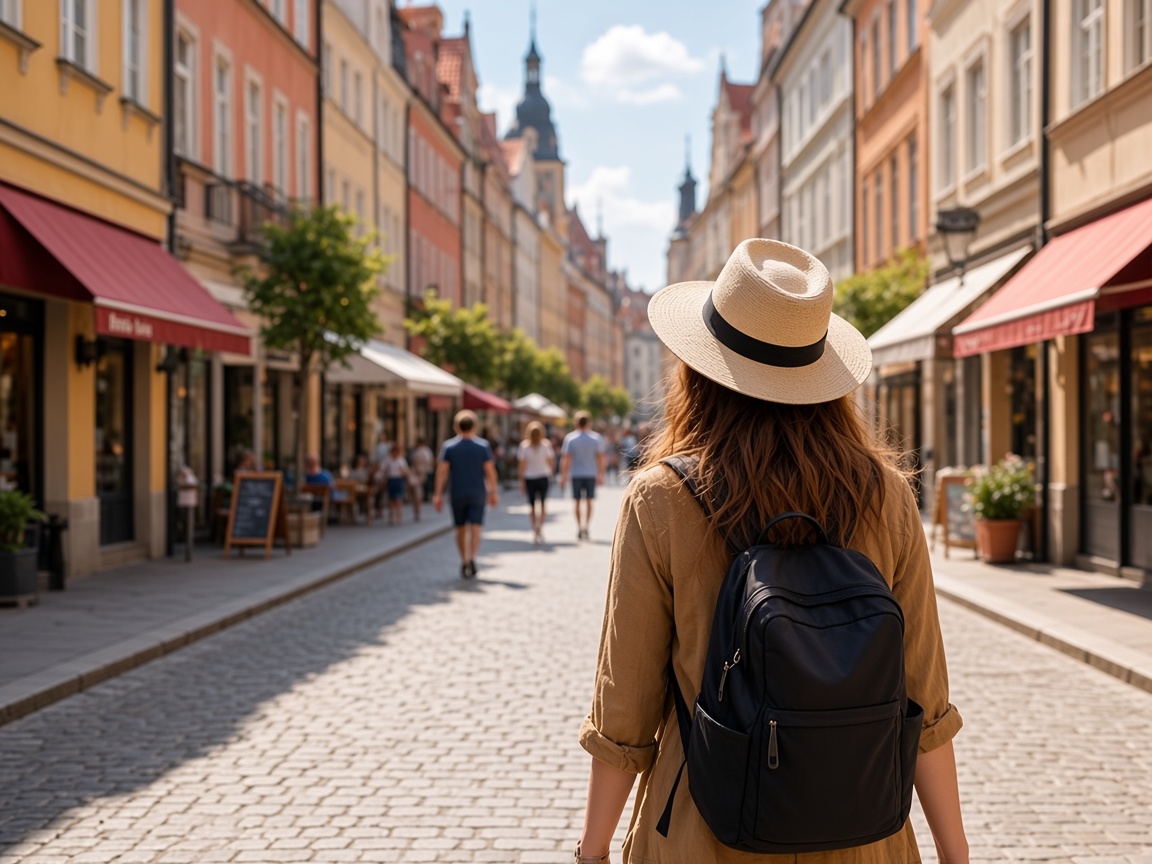 Traveler walking through a city