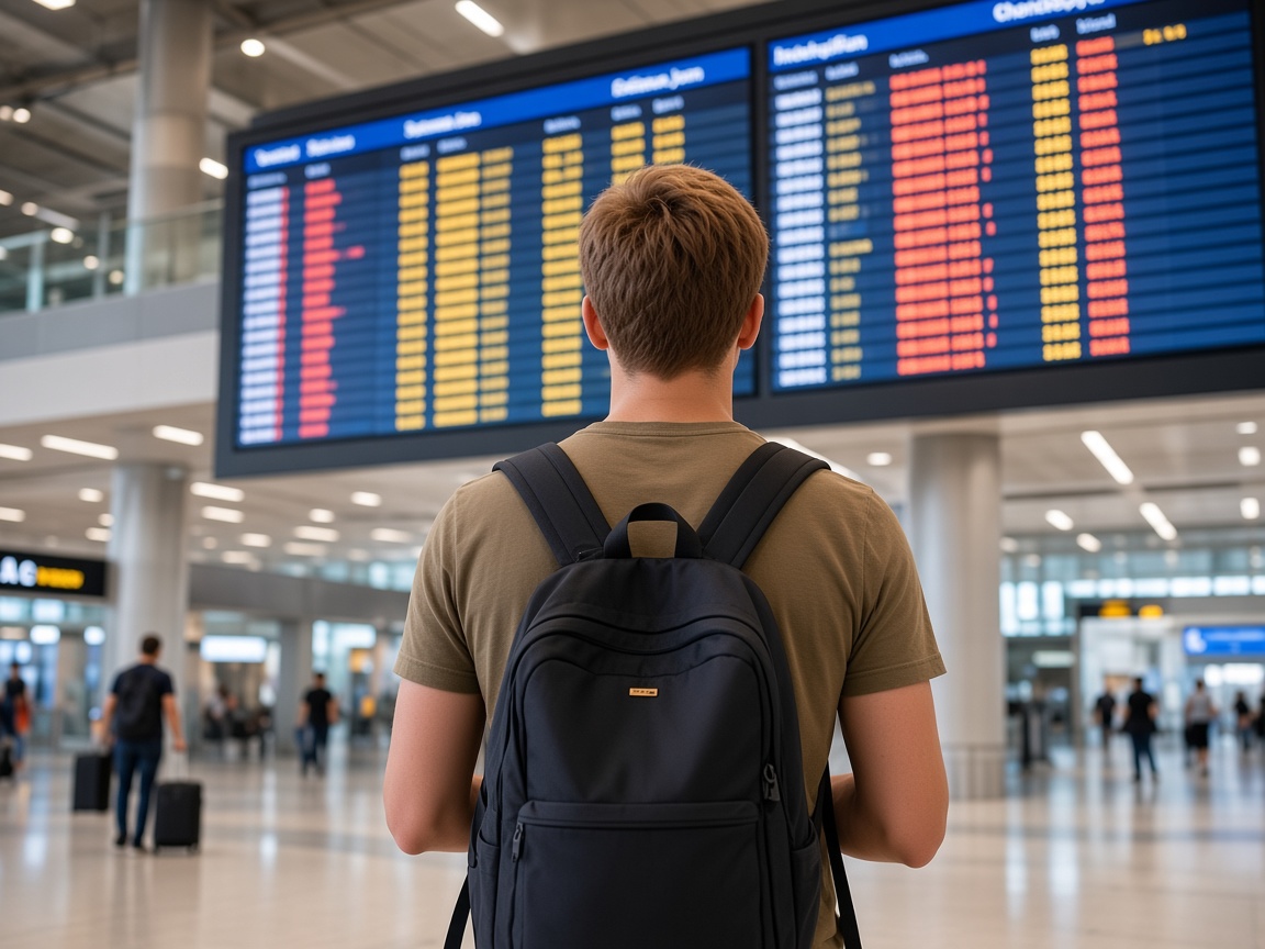 Traveler at an airport departure board